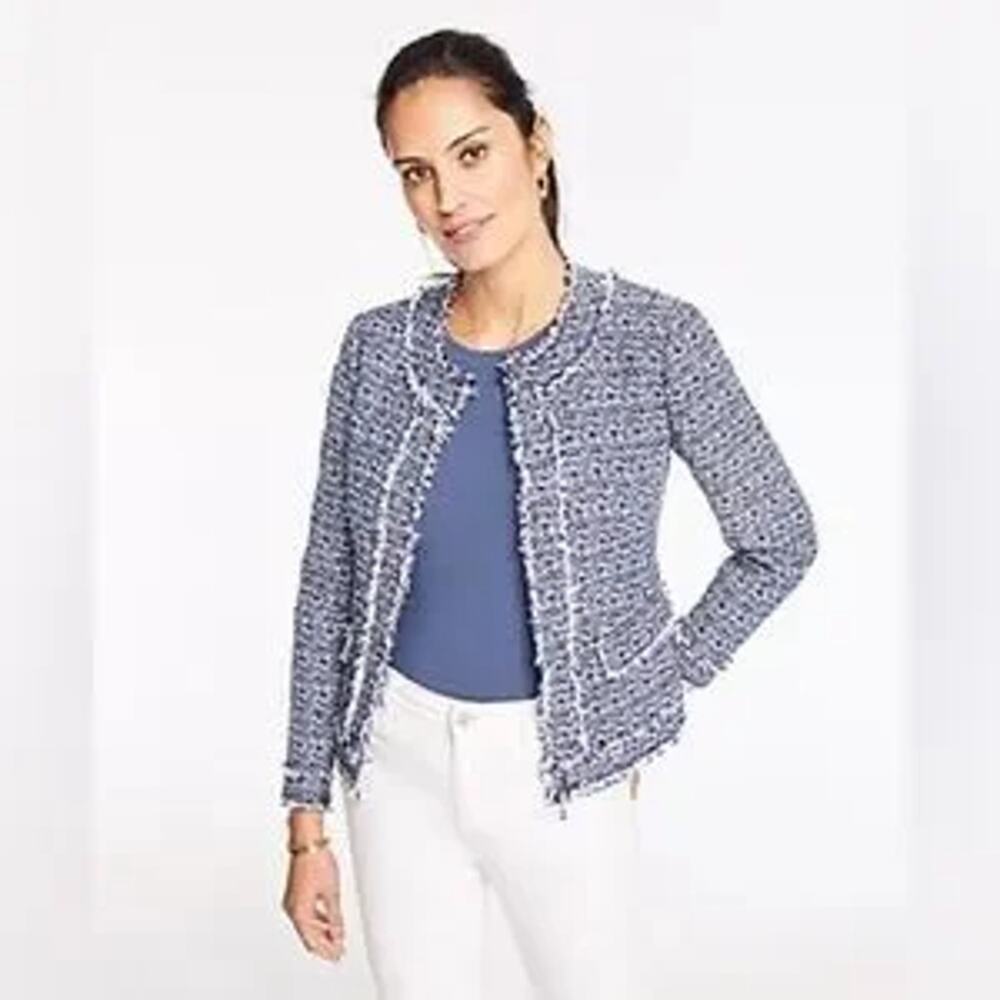 Ann Taylor Boucle Blue White Tweed Lined Jacket Fringe Work Career Casual